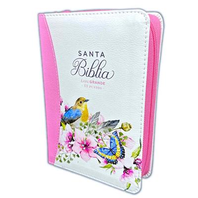 Biblia, Tamaño Portátil, Letra Grande 11 puntos, Senti Piel rosa oscuro, Con cierre, Canto de flores, Colección Primaveral, RVR 1960