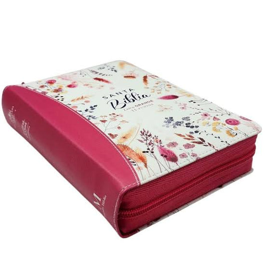Biblia Tamaño Portatil, Compacta, Letra Grande 11 puntos, Senti Piel rosa, Con cierre, Canto de flores, Colección Primaveral, RVR 1960