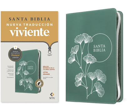 Biblia de referencia en la columna central, letra grande de zíper con Filament (SentiPiel, Verde, Índice, Letra Roja), NTV