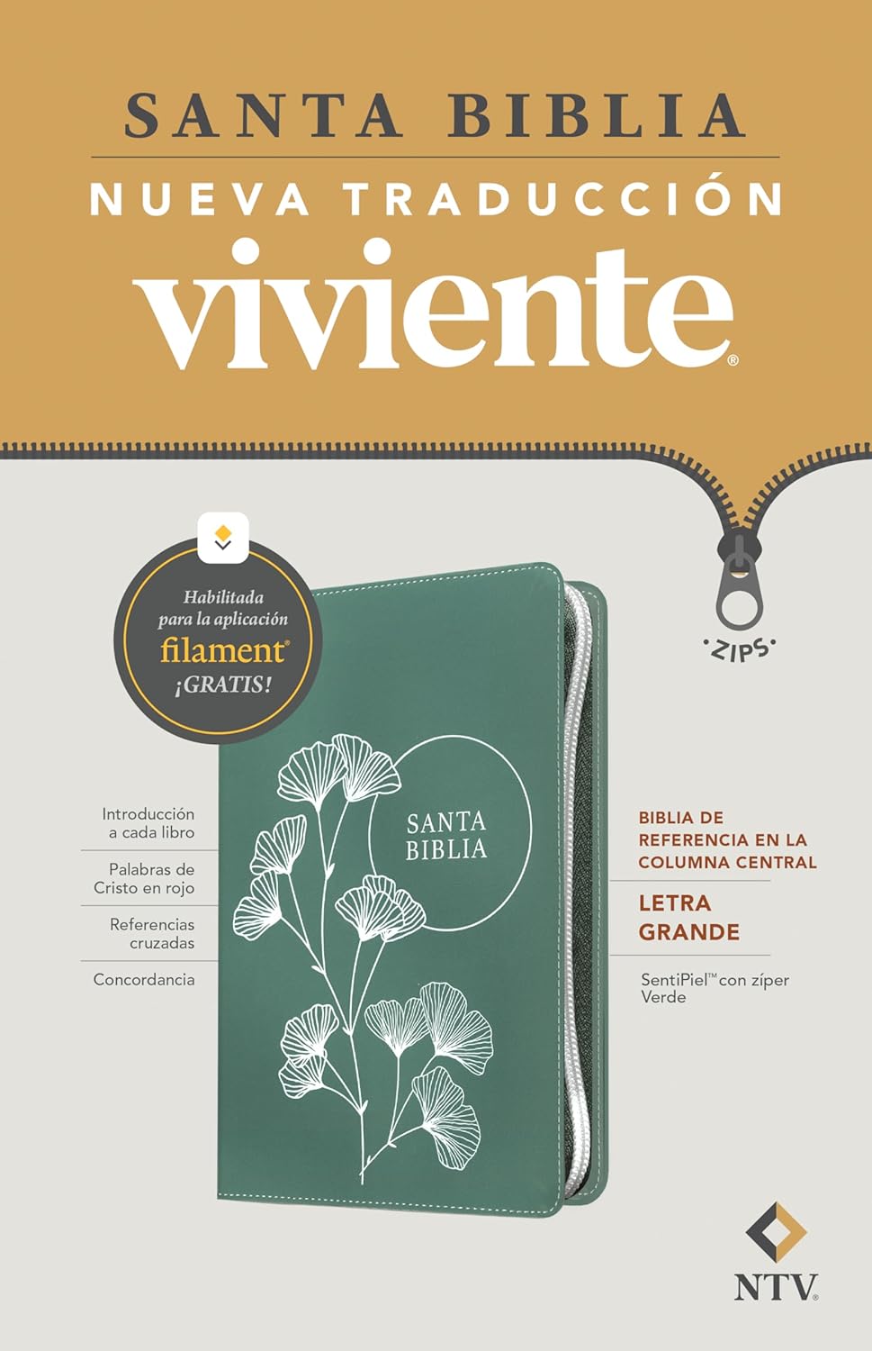 Biblia de referencia en la columna central NTV, letra grande de zíper con Filament (SentiPiel, Verde, Letra Roja)