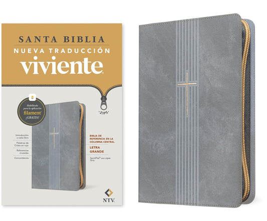 Biblia de referencia en la columna central, letra grande de zíper con Filament (SentiPiel, Gris, Letra Roja), NTV