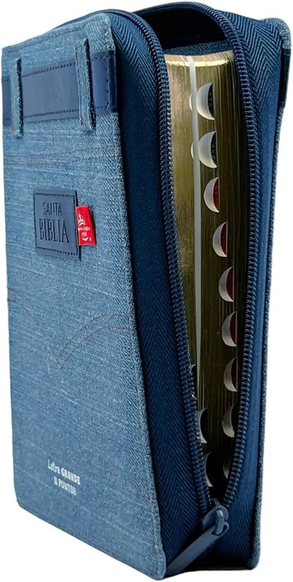 Biblia, Tamaño Portátil, Cubierta Tela Jean con Cinturón Piel Azul, RV1960