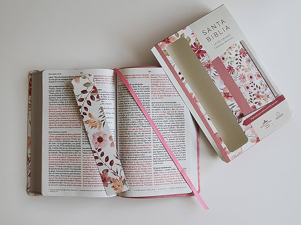 Biblia Letra Grande. Piel Rosada Con Flores, Tamaño Manual, RVR1960
