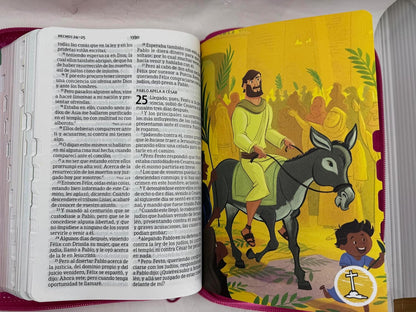 Biblia Letra Grande Rosa Para Niñas, Interactiva Símil Piel Con Cierre Indice, RVR1960