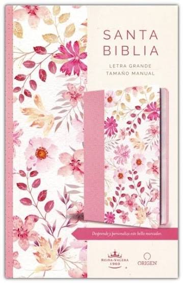 Biblia Letra Grande. Piel Rosada Con Flores, Tamaño Manual, RVR1960