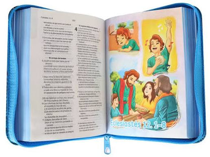 Biblia, Valientes con Jesus, Para Niños Color Azul, Compacta, Ilustrada, Con Cierre, Rvc