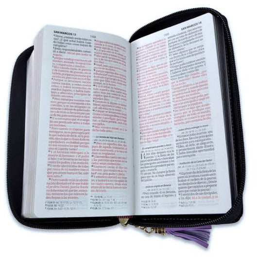 Biblia Chequera Para Mujeres, Senti Piel Lila y Negro, Con Cierre, Lazo y Agarradera de Mano, RVR 1960