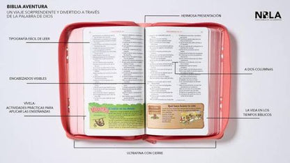 Biblia Aventura, Interior a Color, Leathersoft, Coral, con Cierre, Comfort Print, NBLA